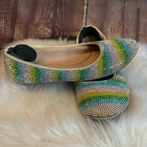 Link Girl’s Rainbow Rhinestone Crystal Ballet Flat Round Toe Padded Shoes Sz 3